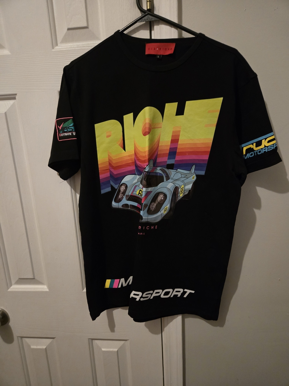 RICHE Black Racing Graphic Tee with Rainbow Logo